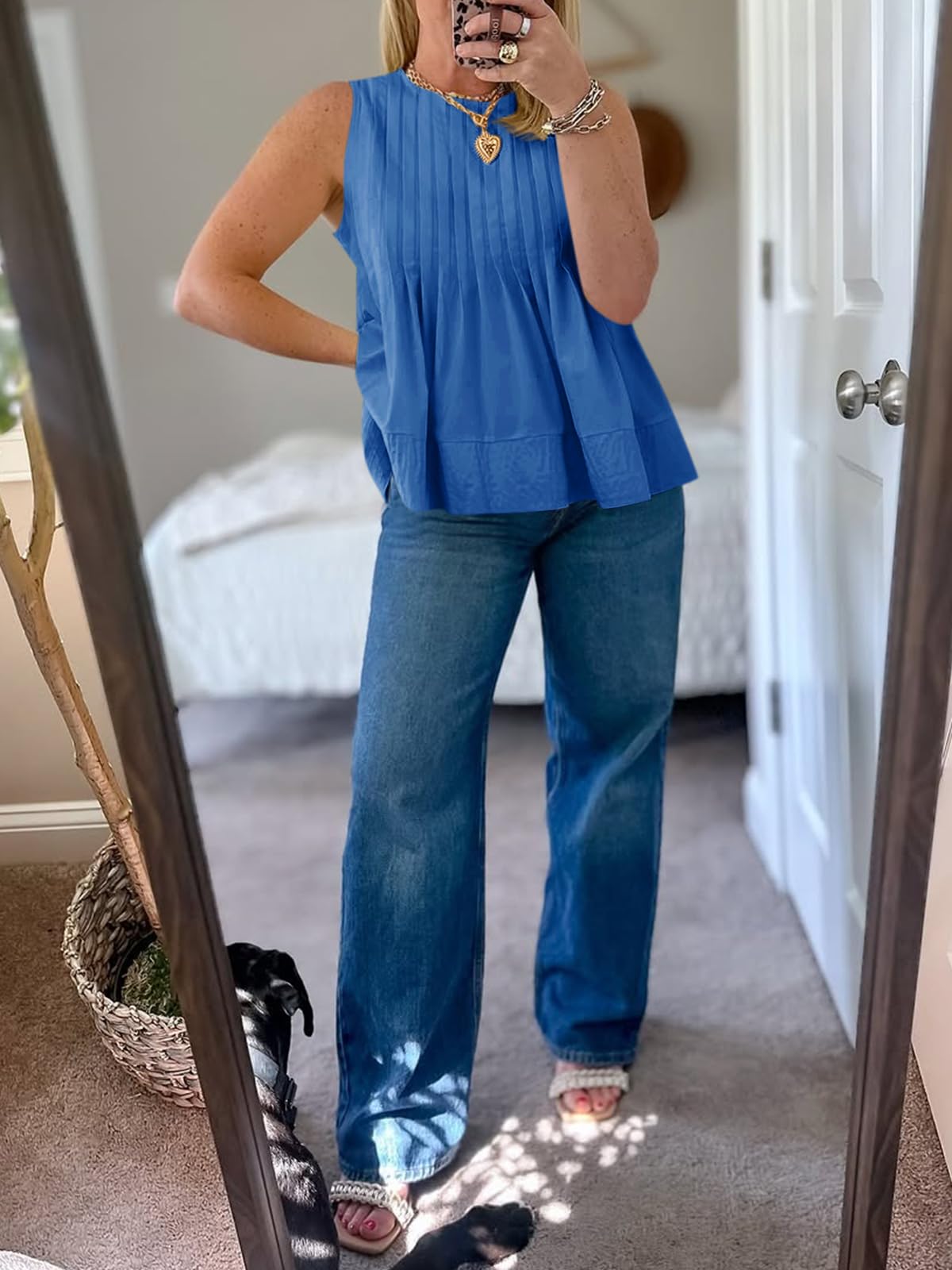 Cicy Bell Womens Summer Peplum Tops Casual Babydoll Sleeveless Cotton Tank Tops Flowy Pleated Shirts Blue