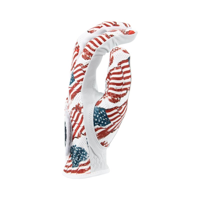 MULLIGAN HOOLIGAN® Men's Golf Glove | Premium Cabretta Leather & Mesh, Breathable Moisture-Wicking Comfort, Unique Standout Design for Men & Women (Patriotic USA Flag, Large, Worn On Right Hand)