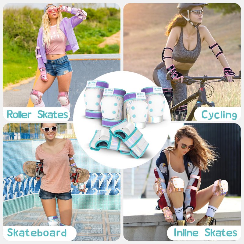 2PM SPORTS Knee Pads for Women, Wrist Guards Knee and Elbow Pads Set with Drawstring Bag, Protective Gear Set for Girls Kids Roller Skating Skateboard - Blue & Purple Medium