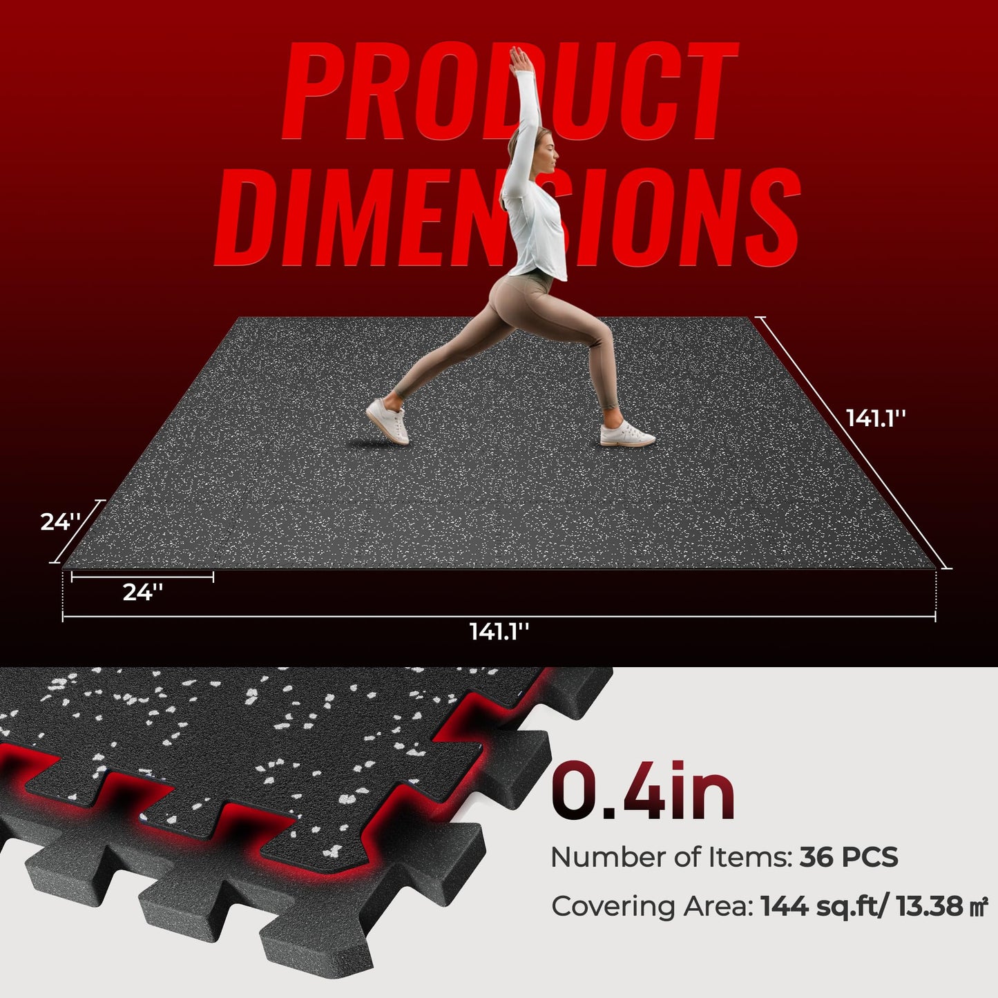 SUPERJARE 0.4'' Thick 36 Pcs 144 Sq Ft Rubber Top Exercise Equipment Mats, High Density EVA Foam Mats with Rubber Top, Interlocking Gym Flooring for Home Gym, Protective Workout Mat, Black/Grey