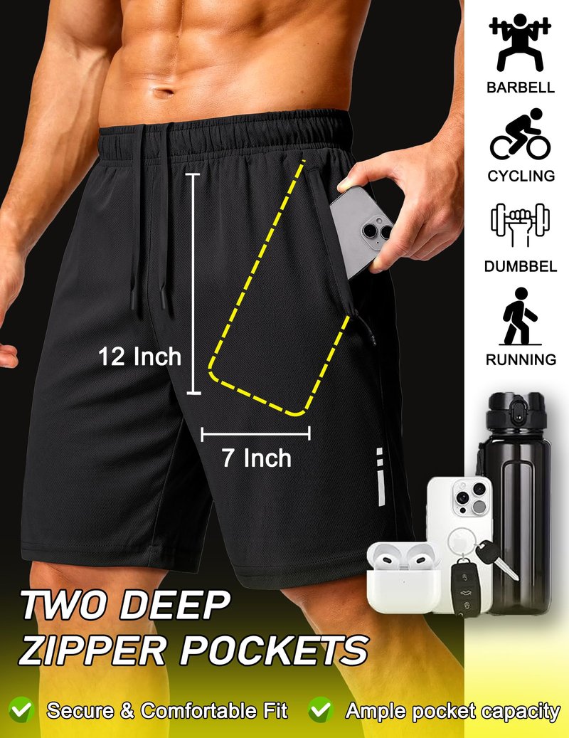 COOFANDY Mens Athletic Running Shorts 9" Lightweight Quick Dry Drawstring Mesh Gym Shorts with Zipper Pockets (Black, Large)