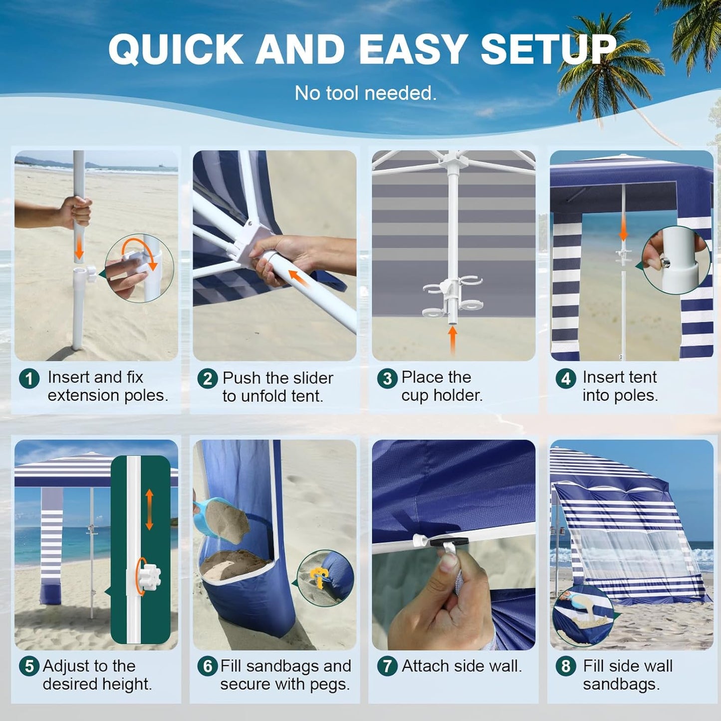 Beach Cabana Tent - 8x8FT UPF50+ Sun Protection | Easy Setup, Wind Resistant, Compact Blue Stripes