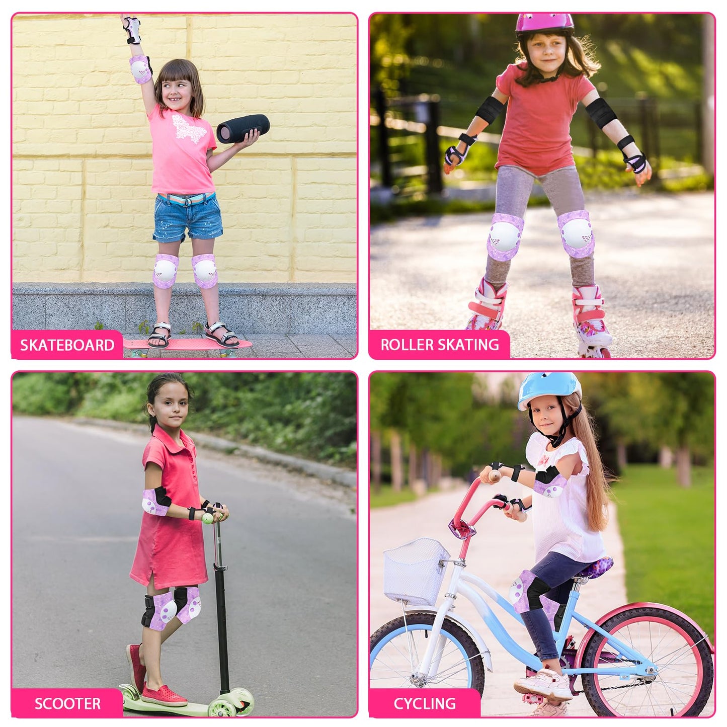 AuSletie Knee Pads for Kids Girls Protective Gear Set Adjustable Knee Pads and Elbow Pads Set with Wrist Guard for Girls Kids Toddler Roller Skates Bike Cycling Skateboard Scooter (Purple Unicorn)