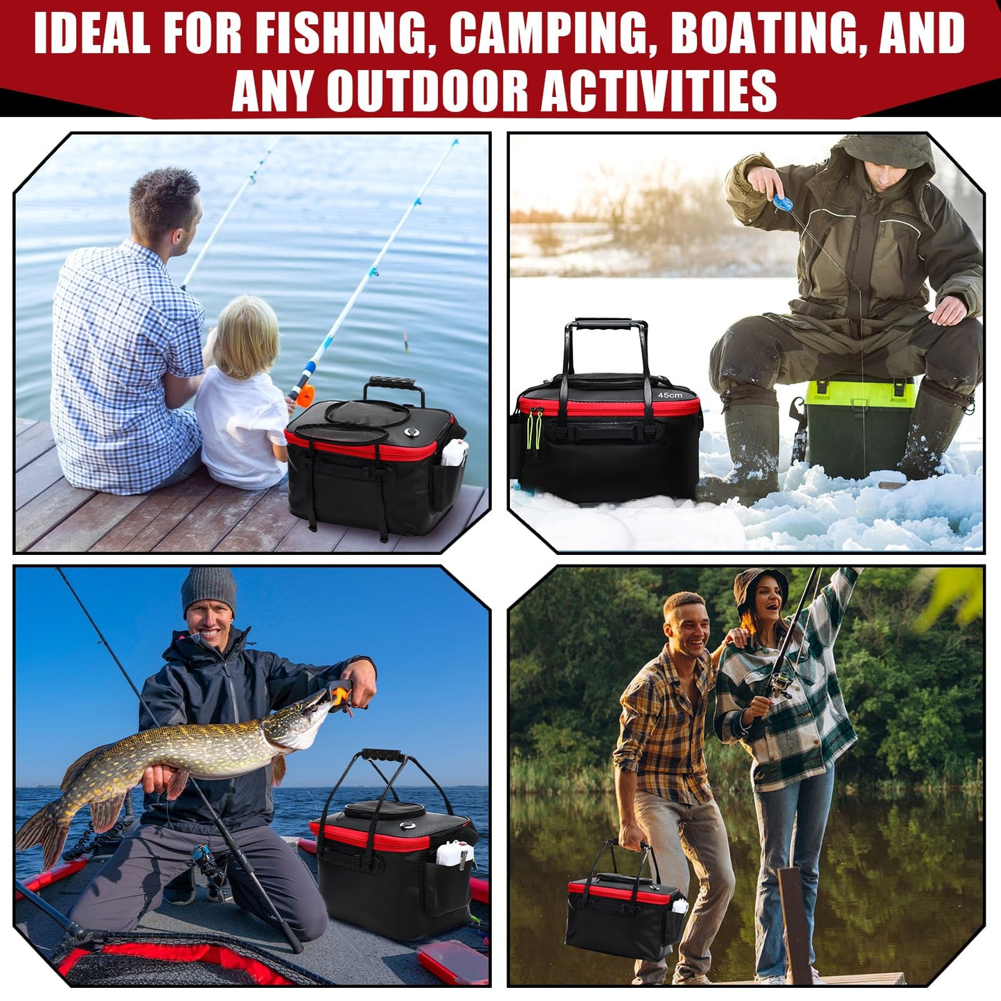 Cosblank 2 Pcs Fishing Bucket and Live Bait Aerator, Foldable Multi Functional Live Bucket Portable Quiet Aerator Outdoor Camping Fishing EVA Bag(Black,8 Gallon)