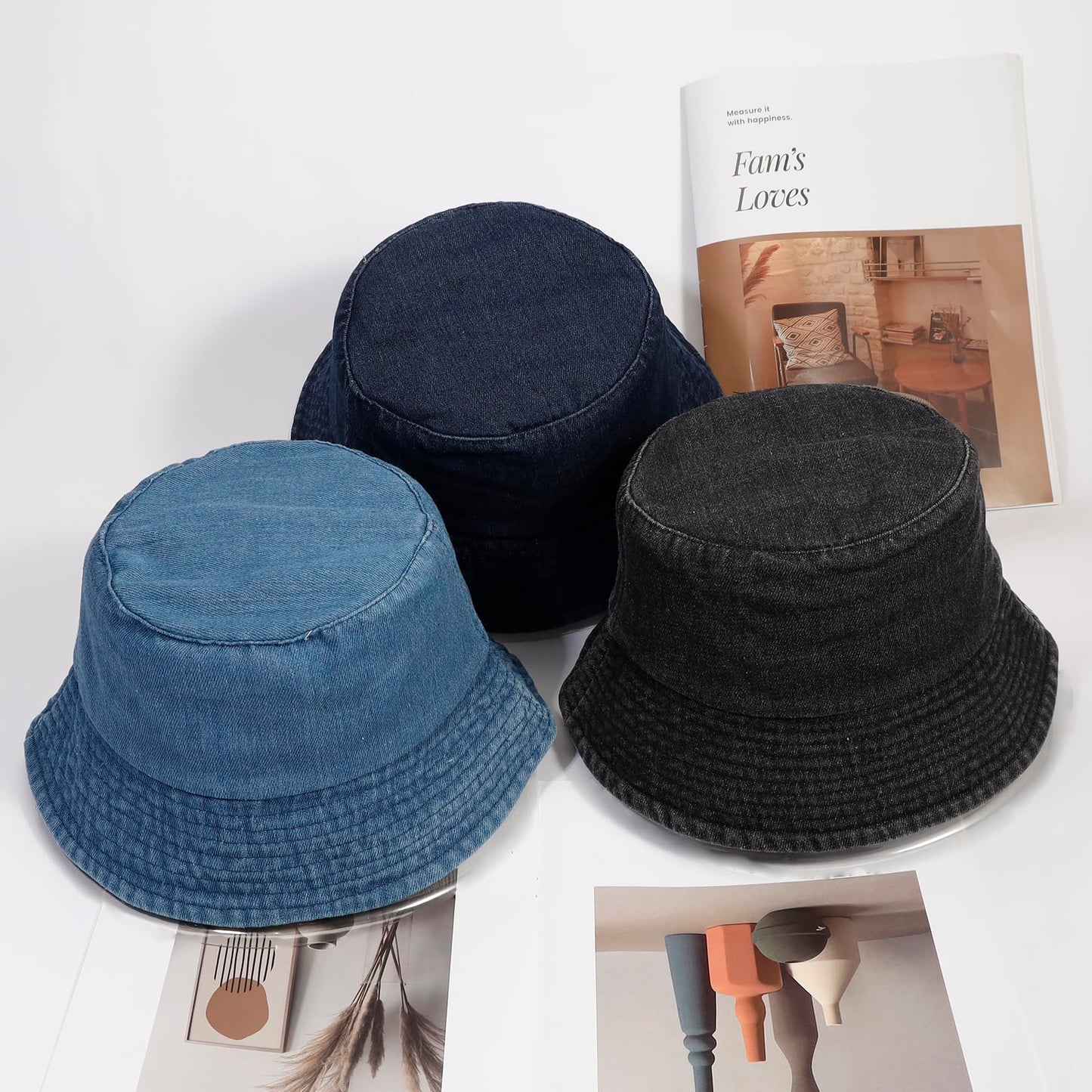 MILAKOO Soild Color Black Denim Bucket Hat Unisex Cool Rock Trendy Sun Hat for Beach Fishing Travel