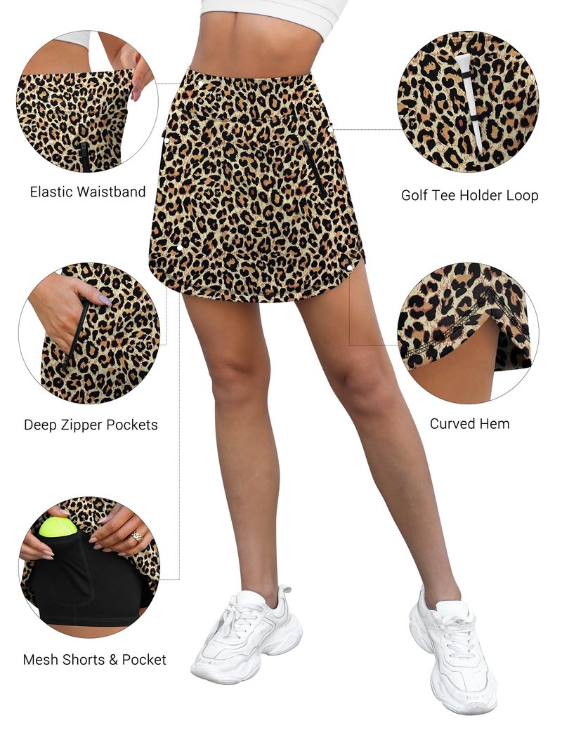 LouKeith Womens Tennis Skirt High Waist Golf Skorts Zipper Pockets Tummy Control Casual Workout Athletic Mini Skirt with Shorts Leopard M
