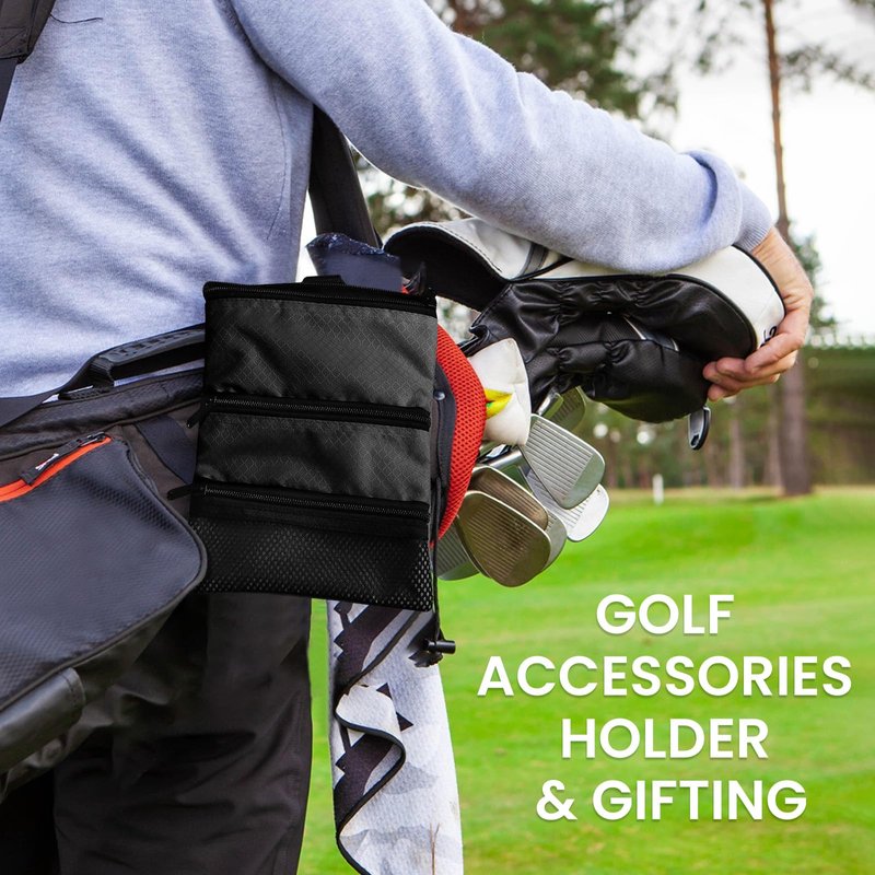FINGER TEN Golf Pouch Bag for Valuables Tee Color with 4 Golf Pencil Pack, Zippered Pocket Gear Clip Hook to Bag (Black Pouch Bag)