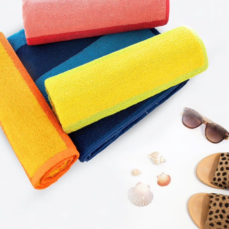Malibu Beach Towel Set - 4 Oversized 100% Cotton Designer Stripe Towels | Orange, Blue, Pink, Green - Perfect Summer Gift