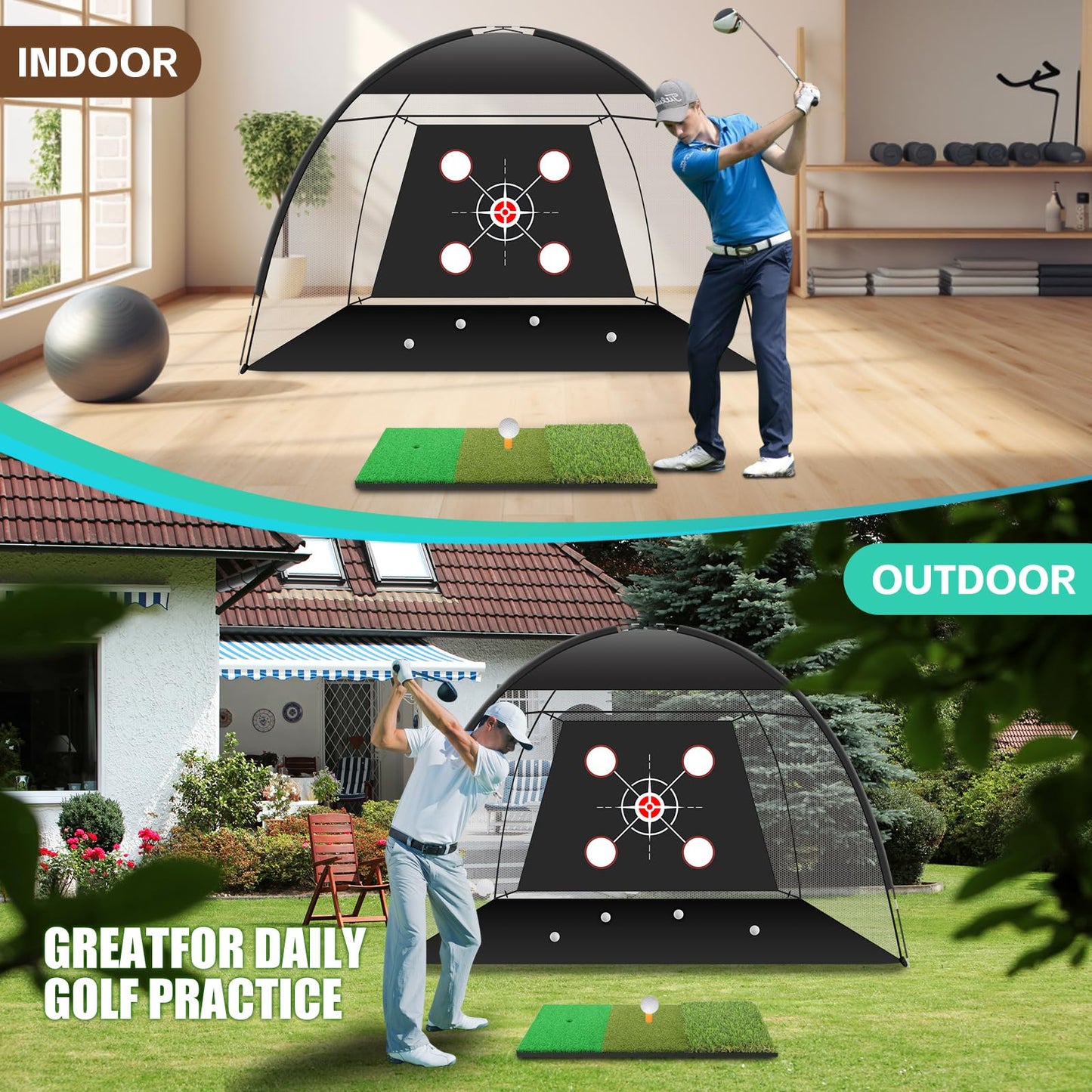 Golf Net Practice 10x7ft with Tri-Turf Mat & Real Balls Set Indoor Outdoor Golf Training Equipment for Backyard Driving Practice Enthusiast Gifts
