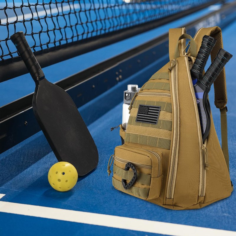 SunForMorning Pickleball Bag, Tactical Pickleball Backpack for Women Men, Adjustable Sling Bag with Fence Hook Water Bottle (Includes 2 Patches+1Carabiner), Brown