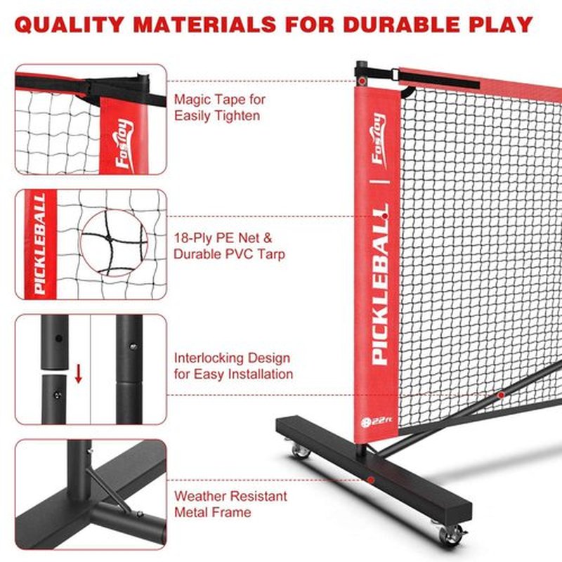 Fostoy Portable Pickleball Net with Wheels, Regulation Size 22 FT & Half Court 11 FT, Steady Metal Frame for Backyards, Driveways, and Garages (Black&Red)