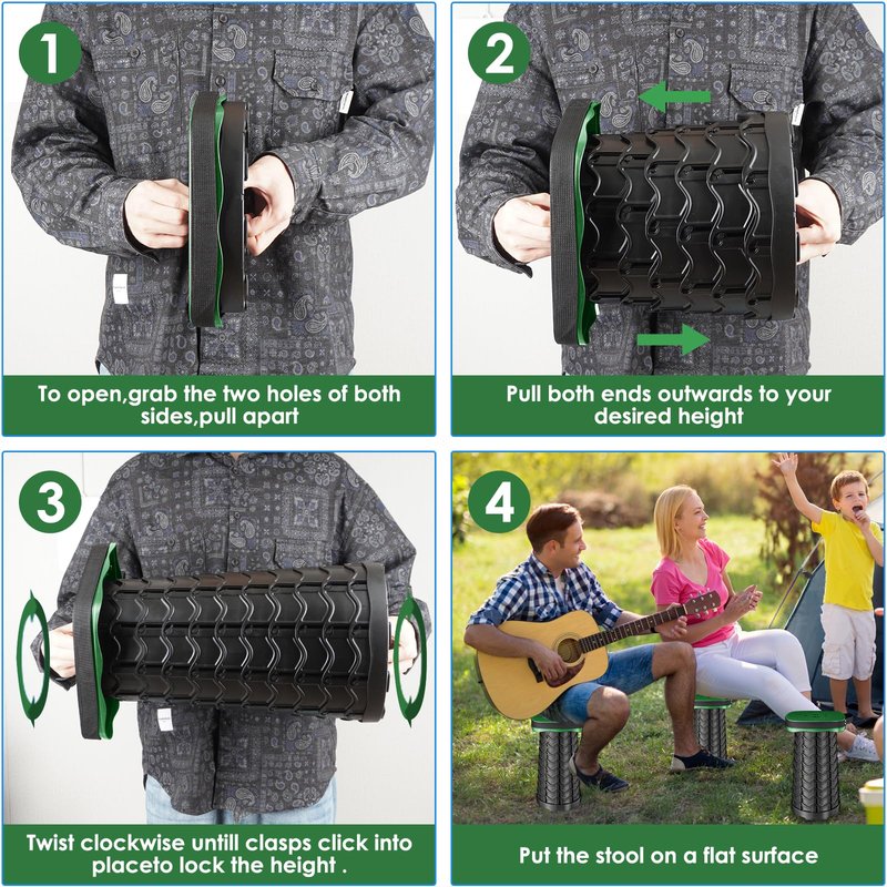 aboutool Folding Camping Stool, Square Collapsible Portable Stool with Elastic Seat Cushion& Adjustable Nylon Bag, Sturdy Lightweight Telescoping Foldable,Max Load 485lb (Green)