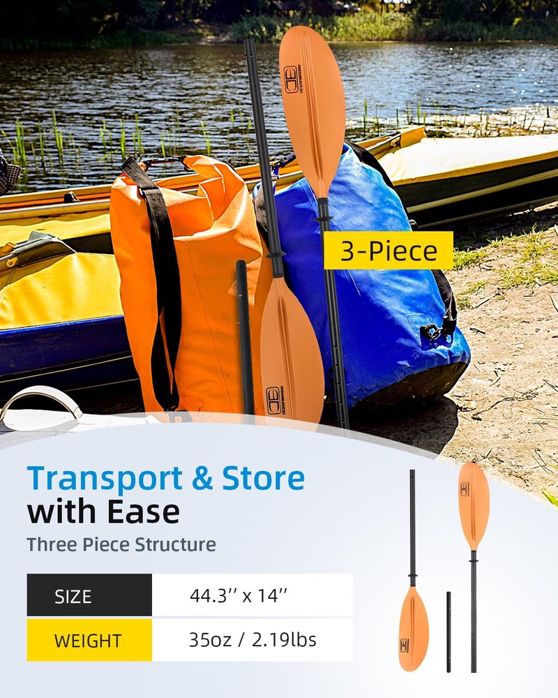 OCEANBROAD Adjustable Carbon Fiber Kayak Paddle 86in/220cm to 94in/240cm Kayaking Oar with Paddle Leash 1 Paddle, Orange