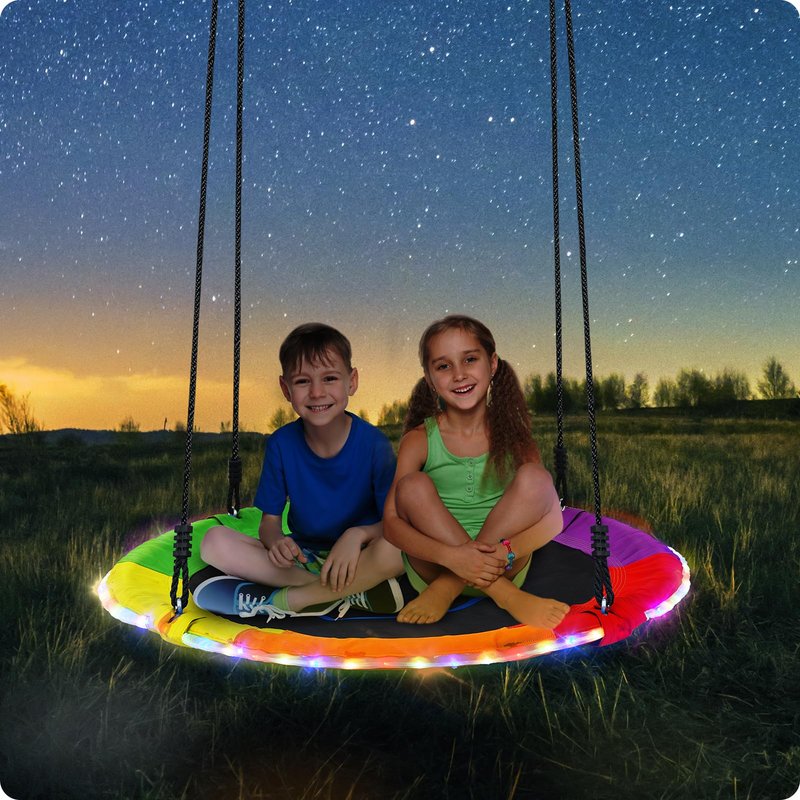 Trekassy 700lbs 40" Saucer Tree Swing for Kids Adults Outdoor with LED Lights, 2 Tree Hanging Straps-Rainbow