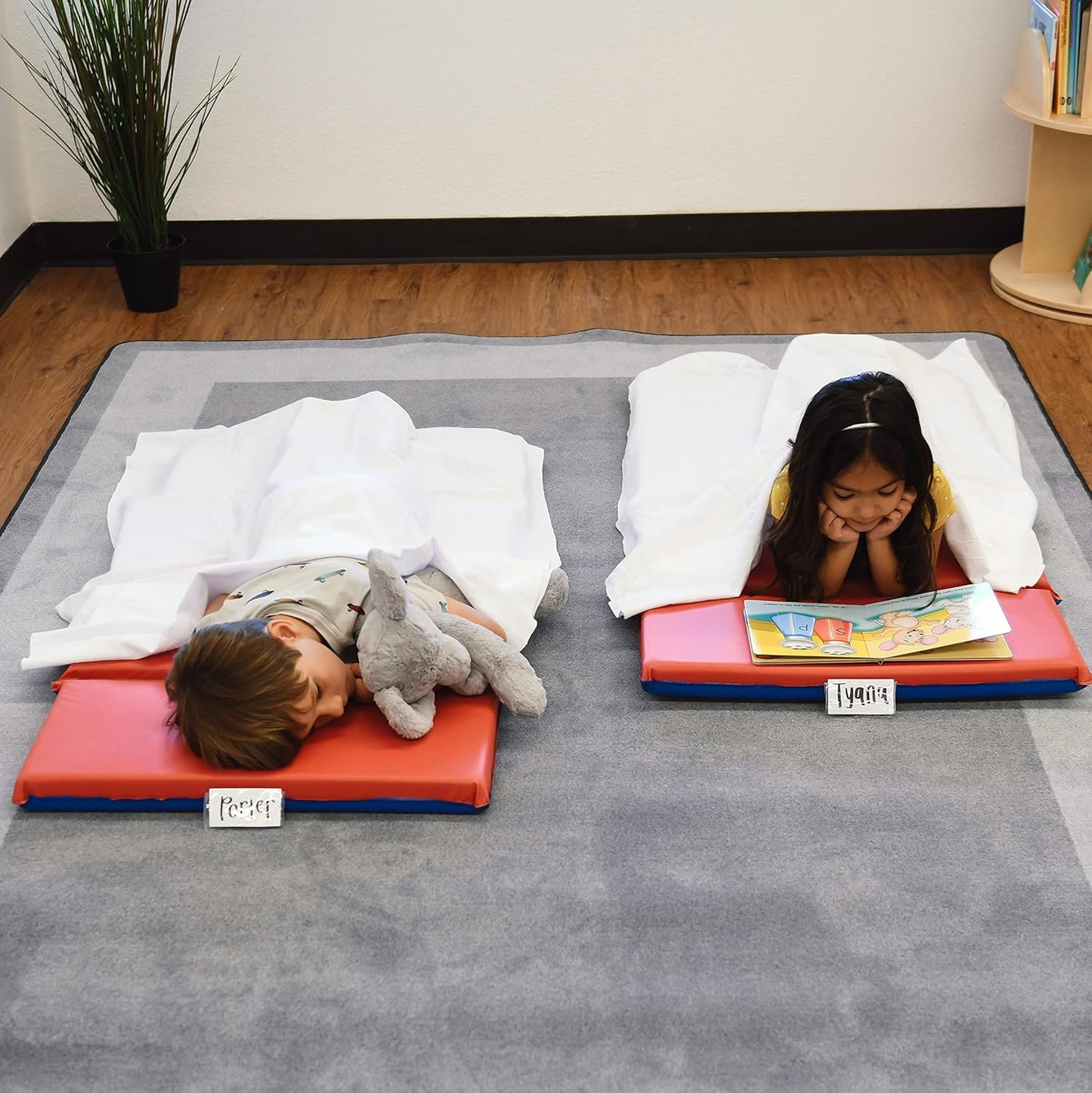 ECR4Kids Premium Folding Rest Mat - 3-Section Sleeping Pad | Blue/Red, 2-Inch Thick