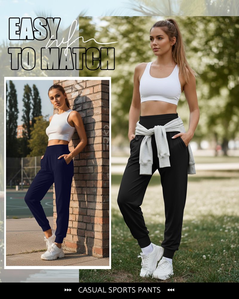 Locoowai 2 Pack Women's Yoga Joggers, Cozy Sweatpants with Pockets Casual Loose Comfy High Waisted Lounge Pants(Black, Navy Blue,Medium)