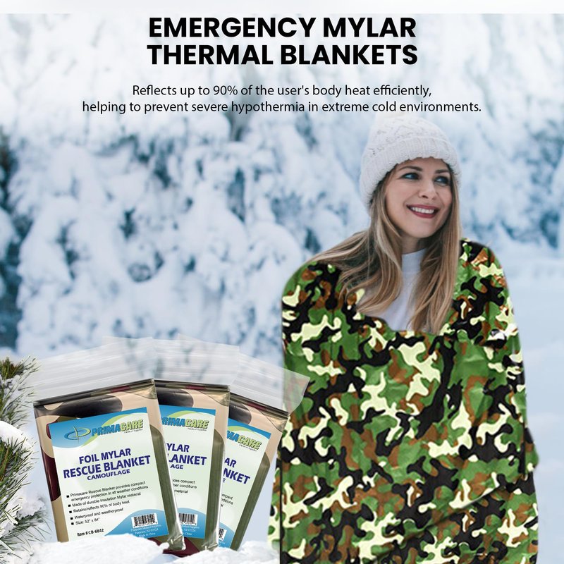 Primacare CB-6842-10 Emergency Mylar Thermal Blankets 10 Pack – 84"x52" Waterproof Space Blankets for Survival, First Aid, Camping, Hiking, Outdoor & Emergency Use – Lightweight Camouflage Design