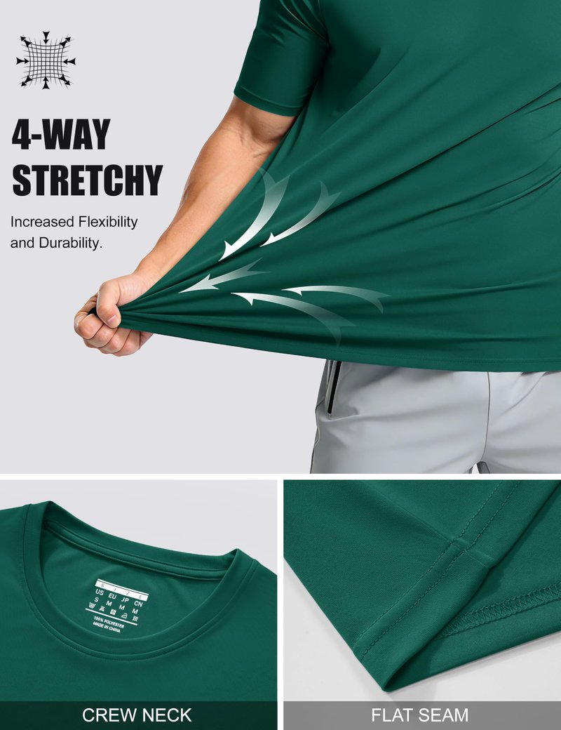 Mens Short Sleeve Shirts Lightweight T-Shirt Sun Protection Rash Guards Shirts Gym Tshirts Base Layer Running Shirts Active Shirts Emerald Green