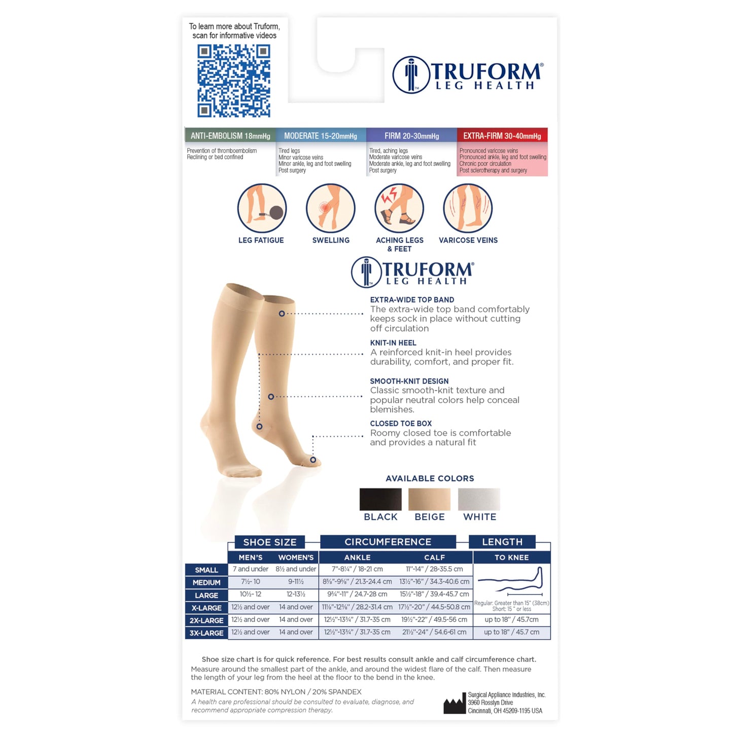 Truform 30-40 mmHg Compression Stockings for Men and Women, Knee High Length, Closed Toe, Black, Large