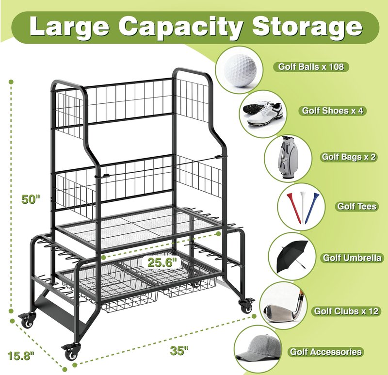Fitpoint Golf Bag Storage Garage Organizer Golf Bag Stand Fits 2 Bags Extra Clubs Balls Shoes Golf Equipment Accessories Golf Storage Rack for Garage Club Shed