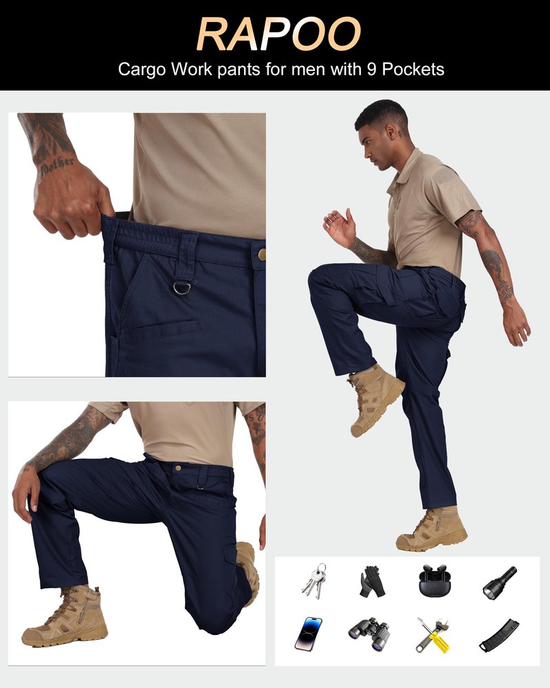 Rapoo Cargo Pants for Men Waterproof Hiking Work Tactical Military Army Pants for Men with Pockets Mens Ripstop Construction Carpenter Hunting Pants Outdoor Navy 34Wx32L