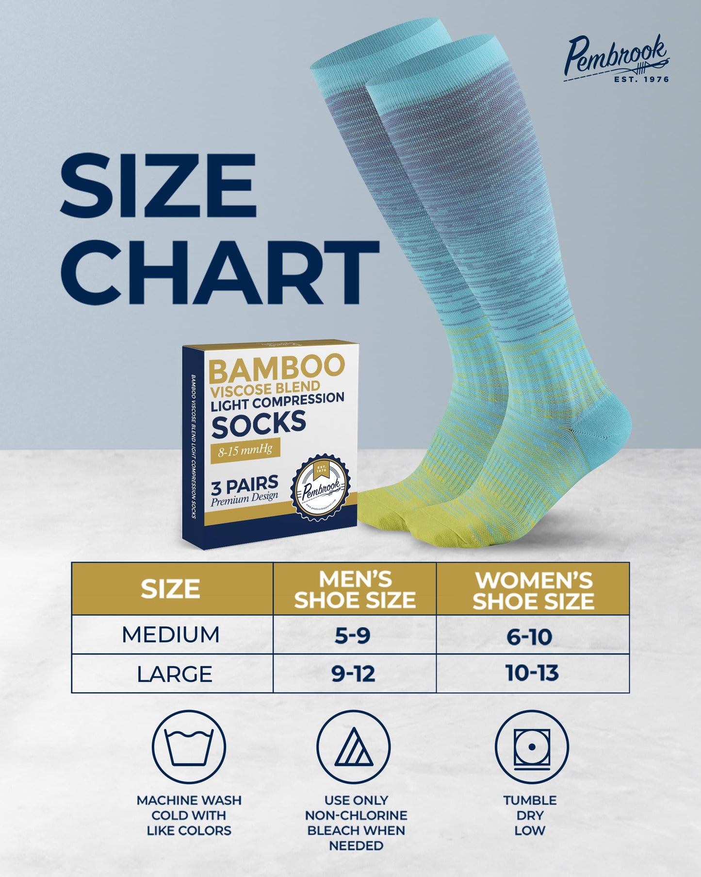 Pembrook Bamboo Viscose Light Compression Socks - 3 Pairs | 8-15 mmHg Compression Socks Women and Men | Support Socks for Soreness, Varicose Veins, Edema | Line Patterns