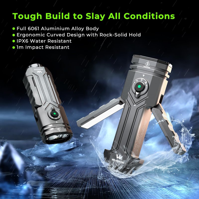 Wurkkos HD02 Flat LED Flashlight, Magnetic Deformation, 3200 Lumens, 5000 mAh Rechargeable, 3000K-6500K, Four-Light Sources, Folding Wing Lighting/Spotlight/UV Light/Green Light/MagneticTail,IPX6