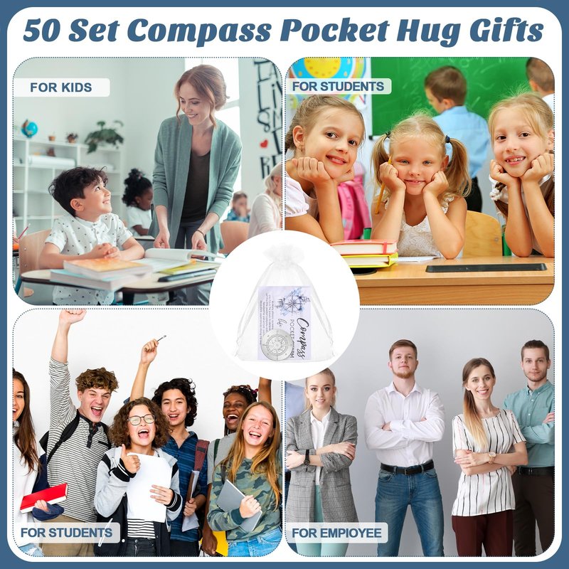 Beeveer 50 Sets Compass Pocket Tokens Bulk Motivational Coins with ''Life is a Journey'' Quote, Cards and Organza Bags, Orientation Graduation Gifts for Students, Teachers, Friends