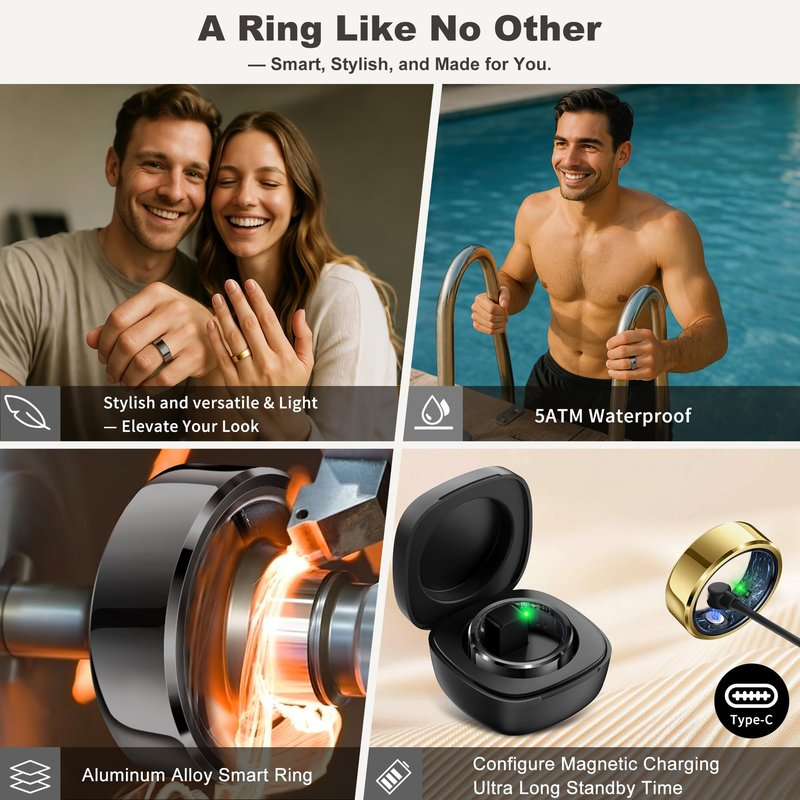 RIFESI Smart Ring for Women Men, Fashion Minimalist Fitness Ring & Sleep Tracker Ring with Heart Rate, SPO₂,Blood Pressure,5ATM Waterproof Health Ring, No Subscription,Gift(Size 8,Black)