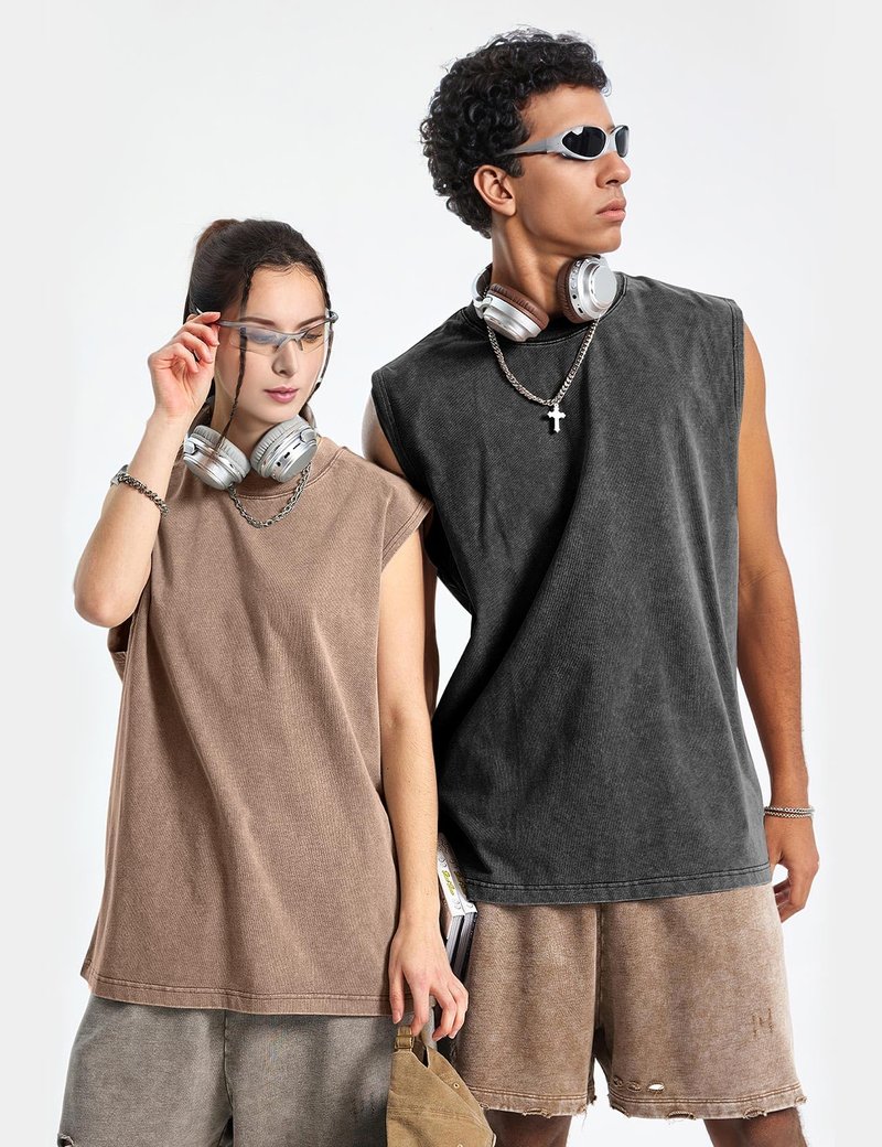Eisctnd Men's Tank Tops Sleeveless Muscle Shirts, Cotton Acid Wash Loose Fit Workout Tanks Tees for Running Beach(Black+Coffee+Grey-XL)