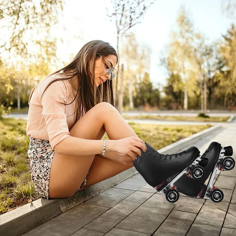 SMOOJOY Quad Roller Skates for Women and Men - PU Deluxe Double Row-Classic Premium Leather Skates Indoor Outdoor Roller Derby with Air Cushion