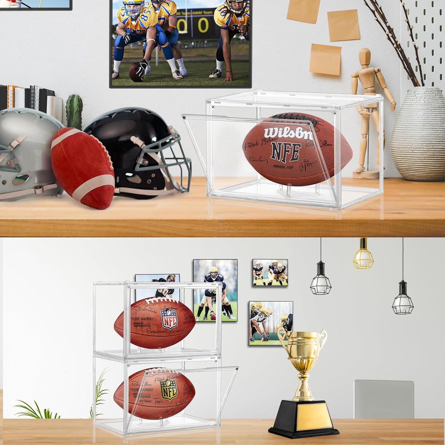 Football Display Case - 3 Pack Clear Acrylic Holder with Magnetic Door | Full Size, Dust & UV Protection