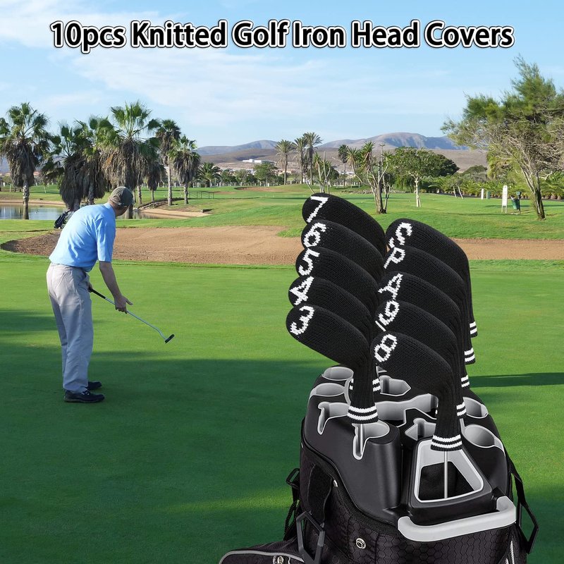 LeFeng 10pcs Knitted Golf Iron Head Covers 3-9/A/P/S Set - Lightweight and Durable Material - Multiple Patterns Golf Club Head Covers - Fit Well for Callaway Ping Taylormade Cobra Etc.(Black)
