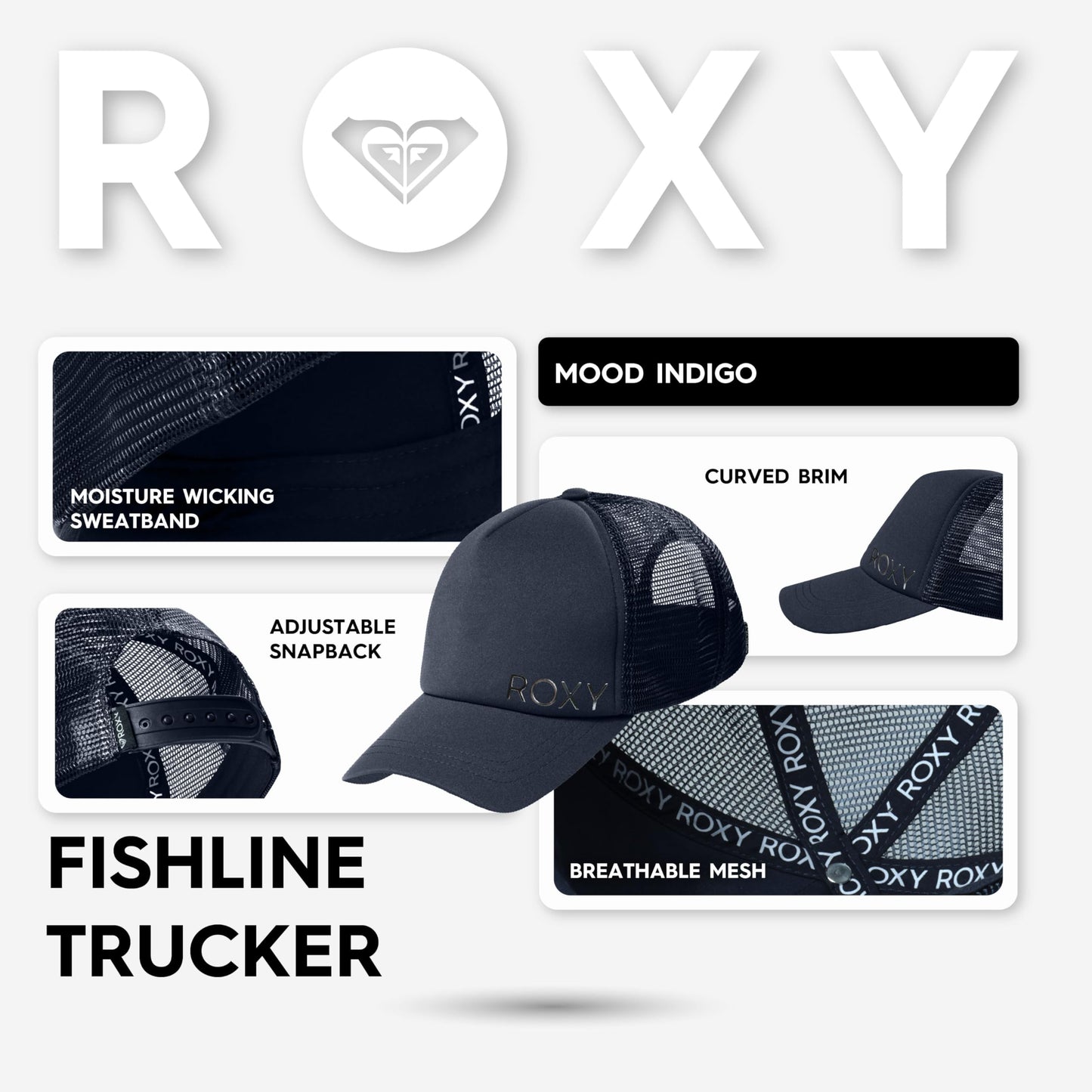 Roxy Women's Finishline Trucker Hat – 100% Cotton Adjustable Summer Cap with Mesh Back, Lightweight and Breathable Festival or Beach Style for Travel and Outdoors, Mood Indigo/Silver