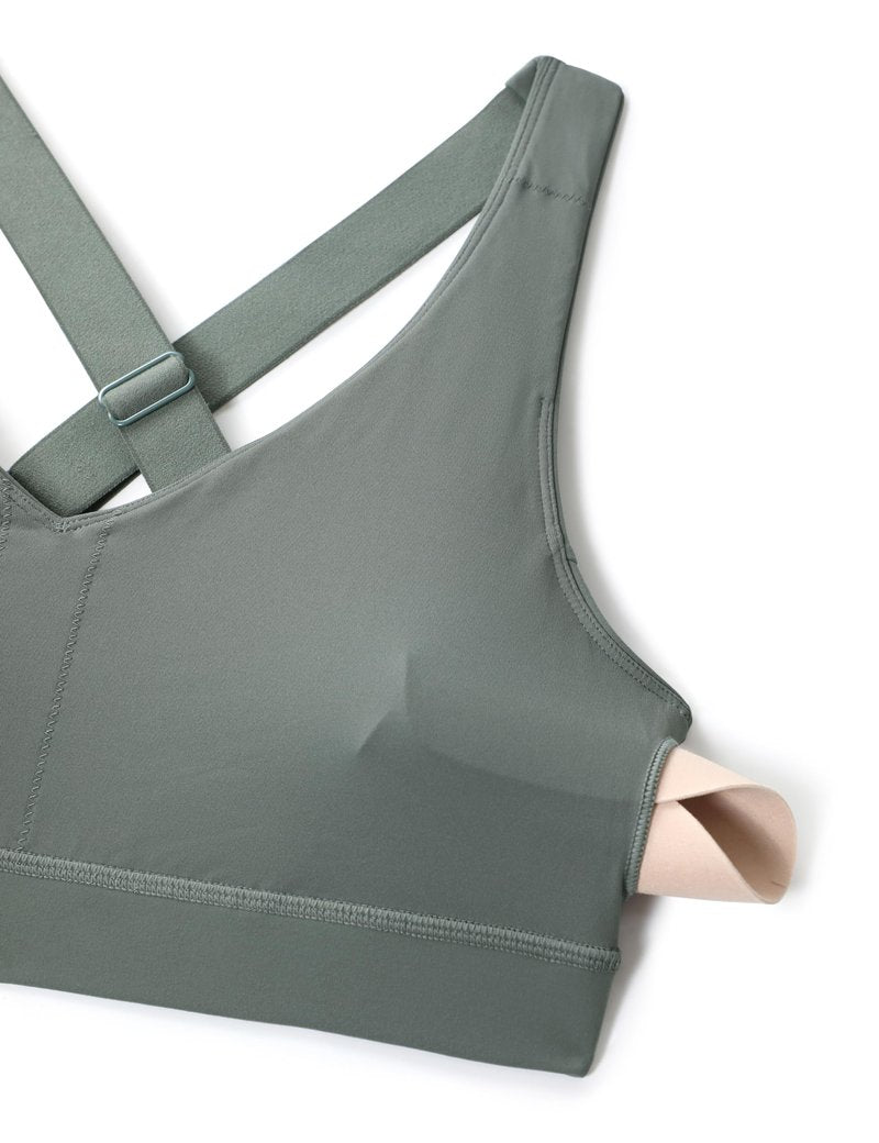 CRZ YOGA Butterbreeze Criss Cross Back Sports Bras for Women - V Neck Adjustable Straps Padded Workout Training Crop Top Grey Sage Medium