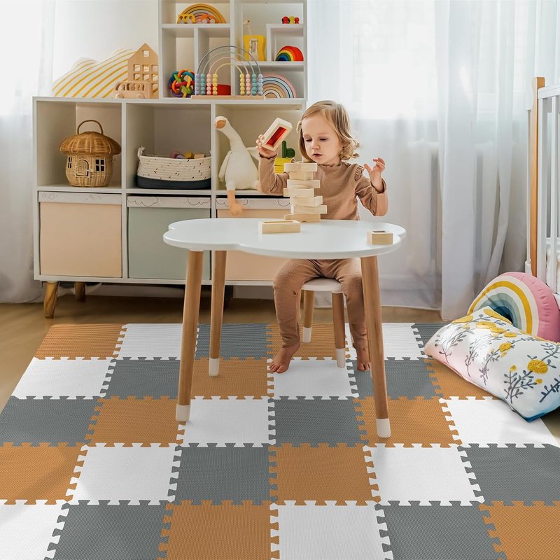 Baby Play Mat - 36Pcs Interlocking Foam Floor Tiles for Kids | Soft Crawling Rug for Playroom (Brown-Gray-White) 11.8x11.8x0.6 In