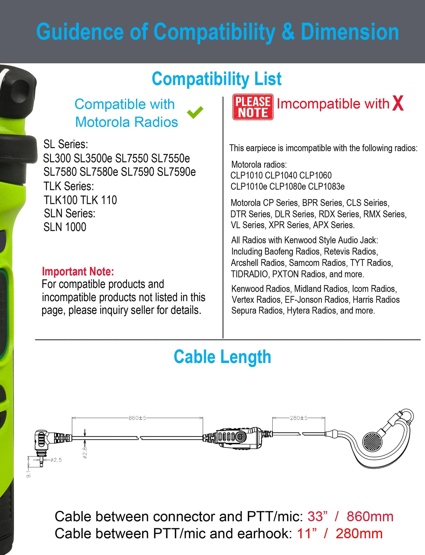 Commountain SL300 SL3500e Earpiece with Mic Compatible for Motorola Radios TLK 100 TLK 110 SL7550 SL7550e SL7580 SL7580e SL7590 SL7590e SLN 1000, TLK100 TLK110 SLN1000 SL Series, G Earhook Headset