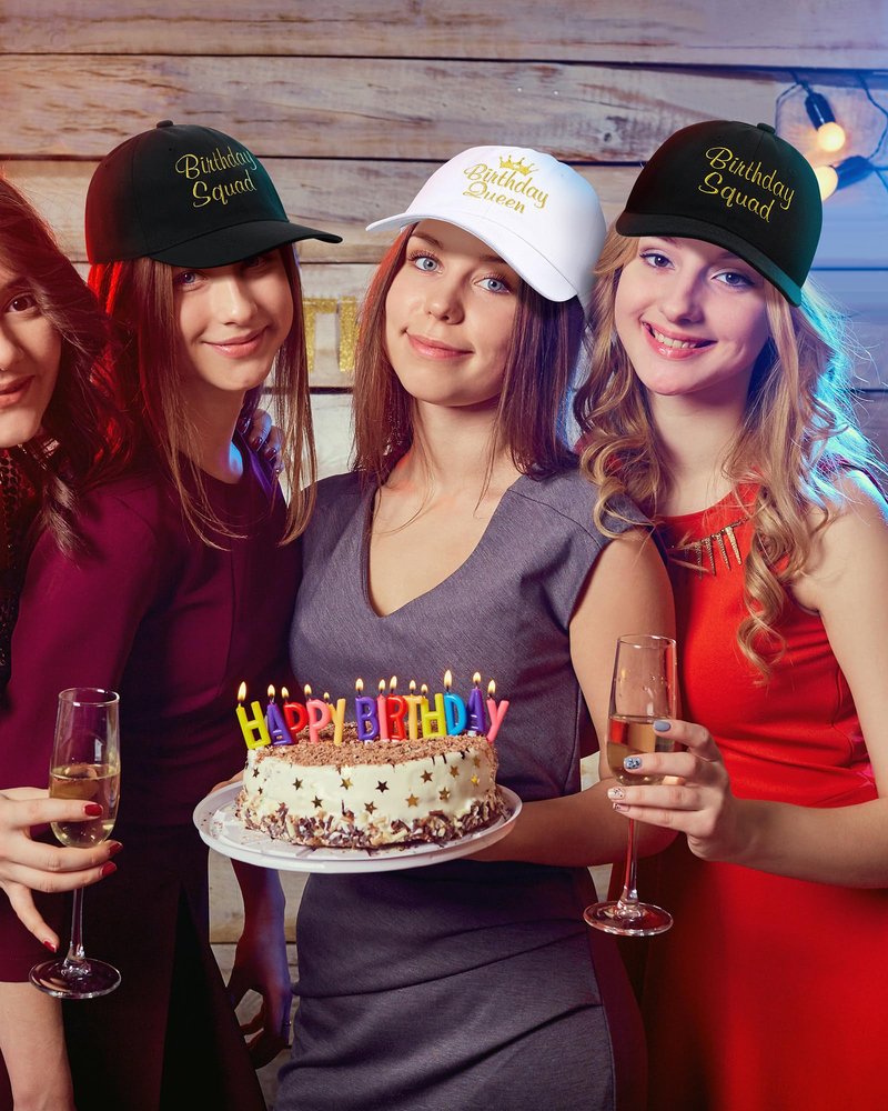 Jecery 6 Pcs Birthday Squad Hats Cap for Women Men, Birthday Queen Squad Party Baseball Cap Adjustable for Party Favor (Black,White)