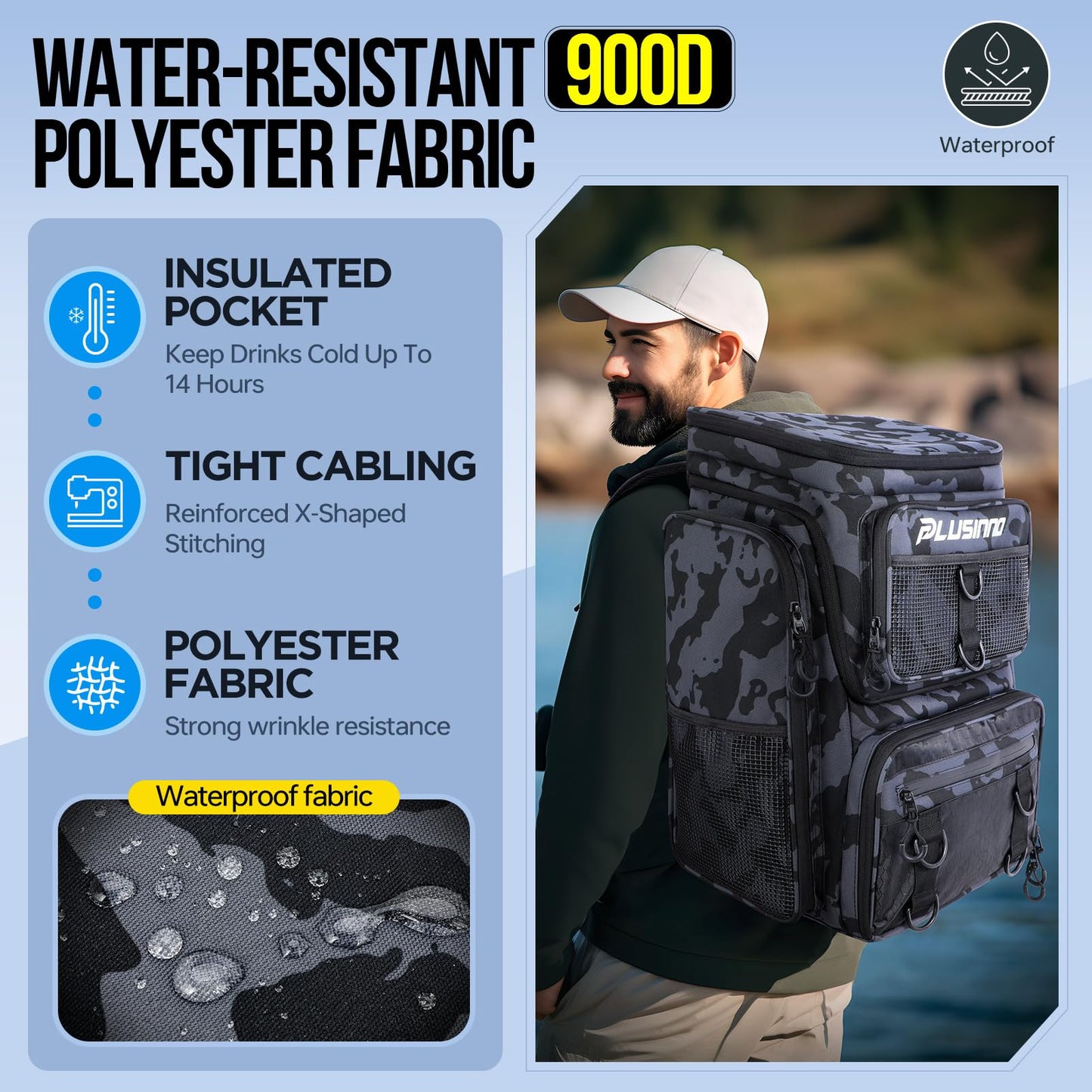PLUSINNO Fishing Tackle Backpack with Rod Holders,42L Water-resistant Fishing Bag Store Fishing Gear, Fisher Gifts For Men.