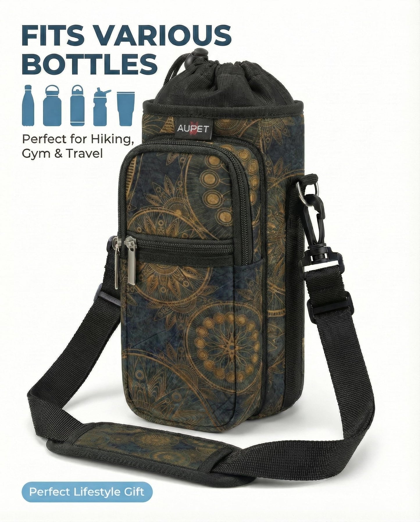 AUPET Water Bottle Sling Bag Sleeve Holder Carrier 25/32/40/64 oz,Insulated Crossbody Water Bottle Case Cover with Strap and Pockets for Men/Women Walking Hiking Camping (40oz, stylish)