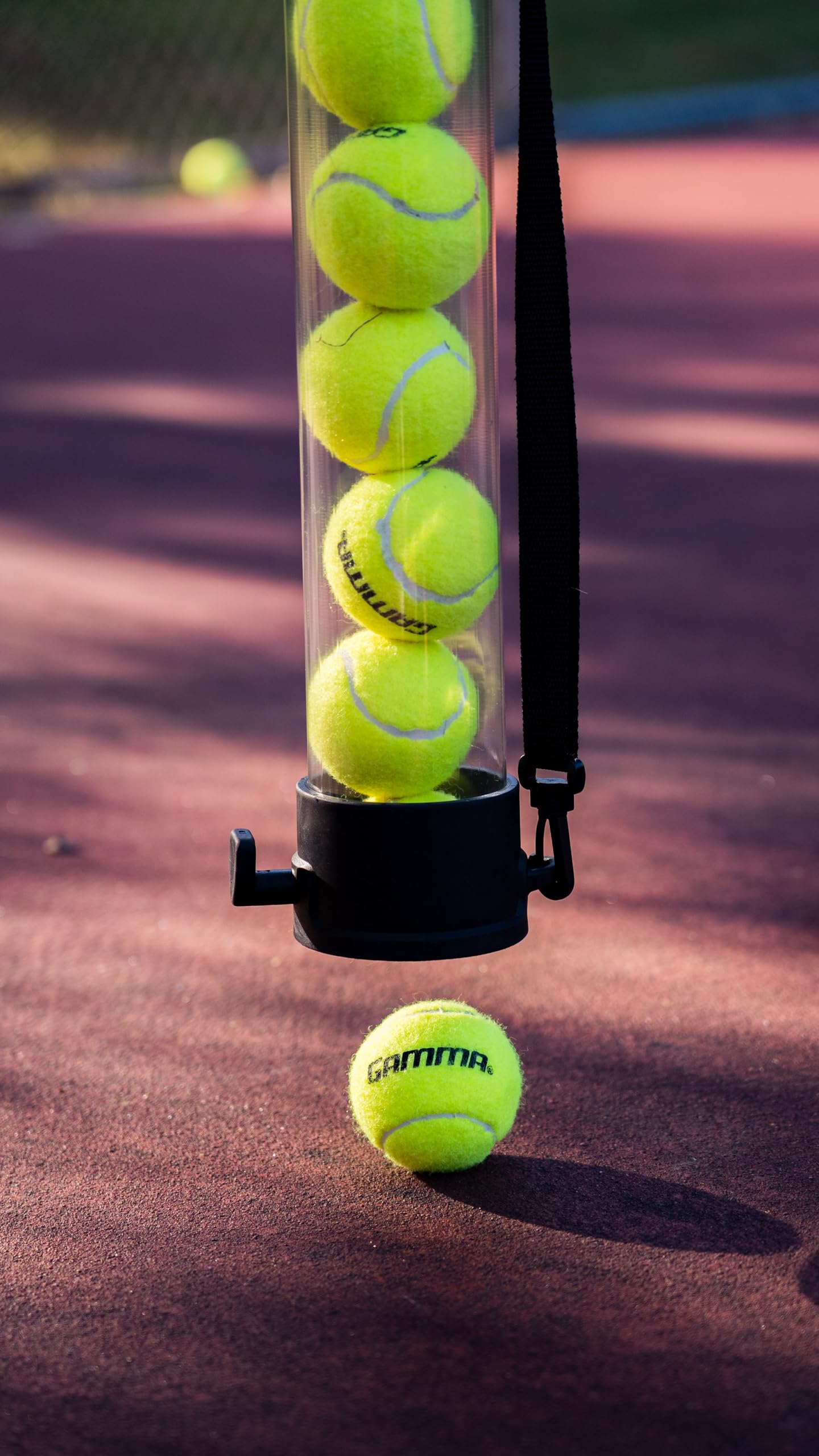Gamma Sports Tennis Ball Tube Pickup – Clear 18-Ball Capacity with Carry Strap and Durable Rubber End Caps with Fence Clips – Quick Court Cleanup Tool for Players, Coaches & Instructors