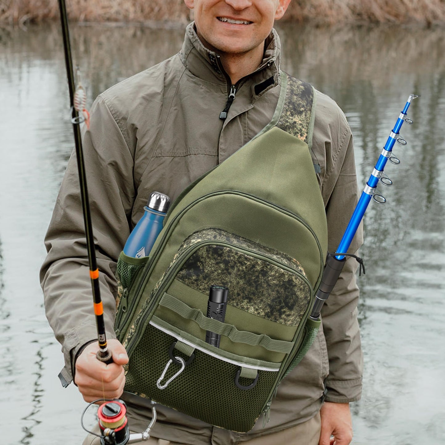 MYDAYS Fishing Sling Tackle Storage Bag, Lightweight Outdoor Sling Tackle Backpack for Fishing Gear and Equipment (Khaki)