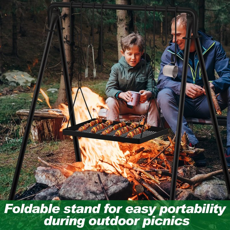 Rossesay Campfire Swing Grill Stand Adjustable Campfire Cooking Equipment Camping Accessories Cookware Hanging Rack with 8 Hooks and Portable Grill Stand for BBQ Picnic Outdoor Party(Normal Tray)