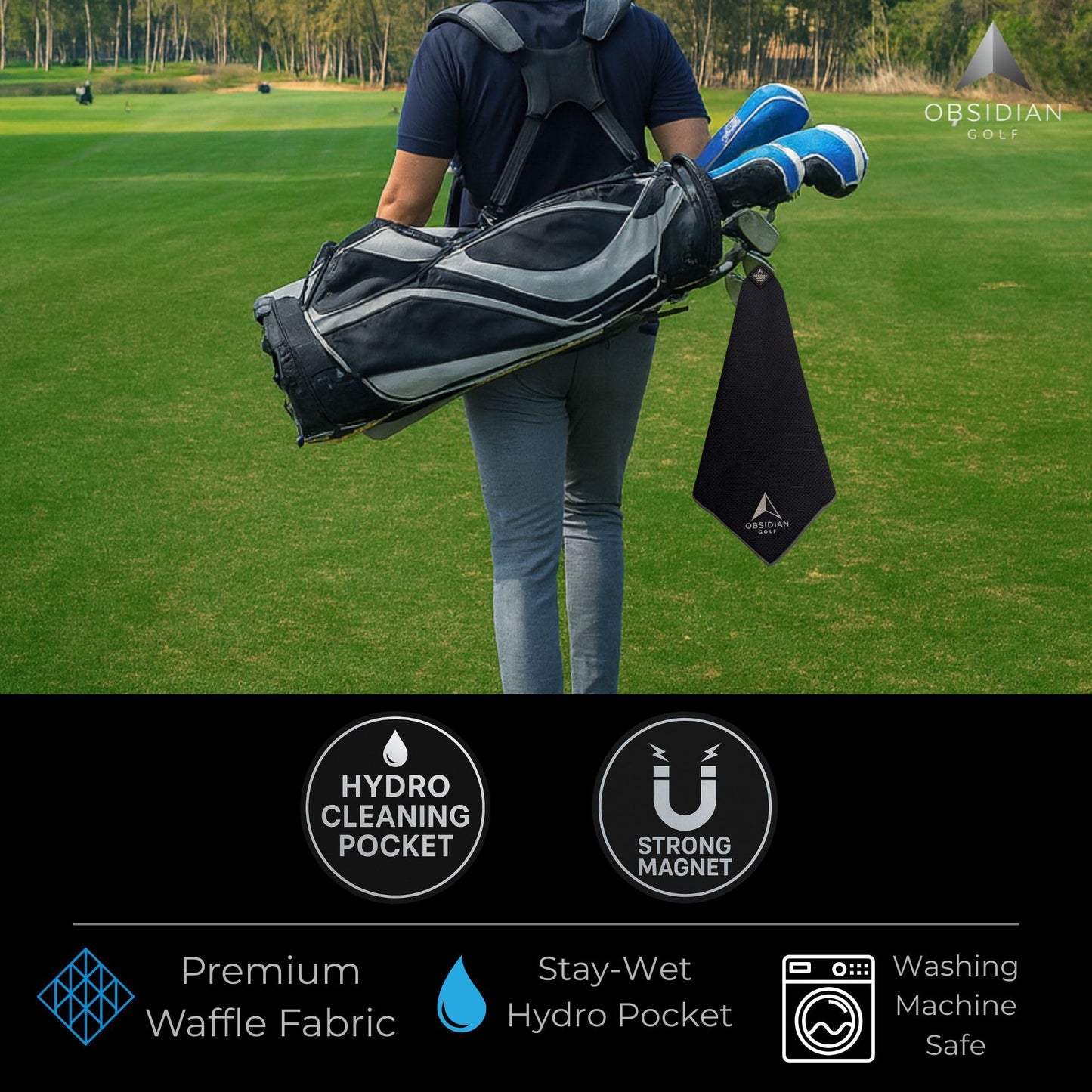 Clean Balls Go Further Magnetic Golf Towel (Greenside 18" x 18") with Hydro Pocket – Premium Full-Size Waffle Weave Stays Wet for Cleaning Clubs, Attaches to Clubs or Cart, Green-Side Ready (Black)