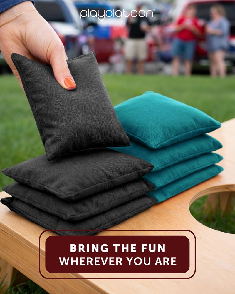 Play Platoon Weather Resistant Cornhole Bags - Set of 8 Regulation Corn Hole - Teal & Black - Durable Duck Cloth Corn Hole for Tossing Game, Includes Tote Bag