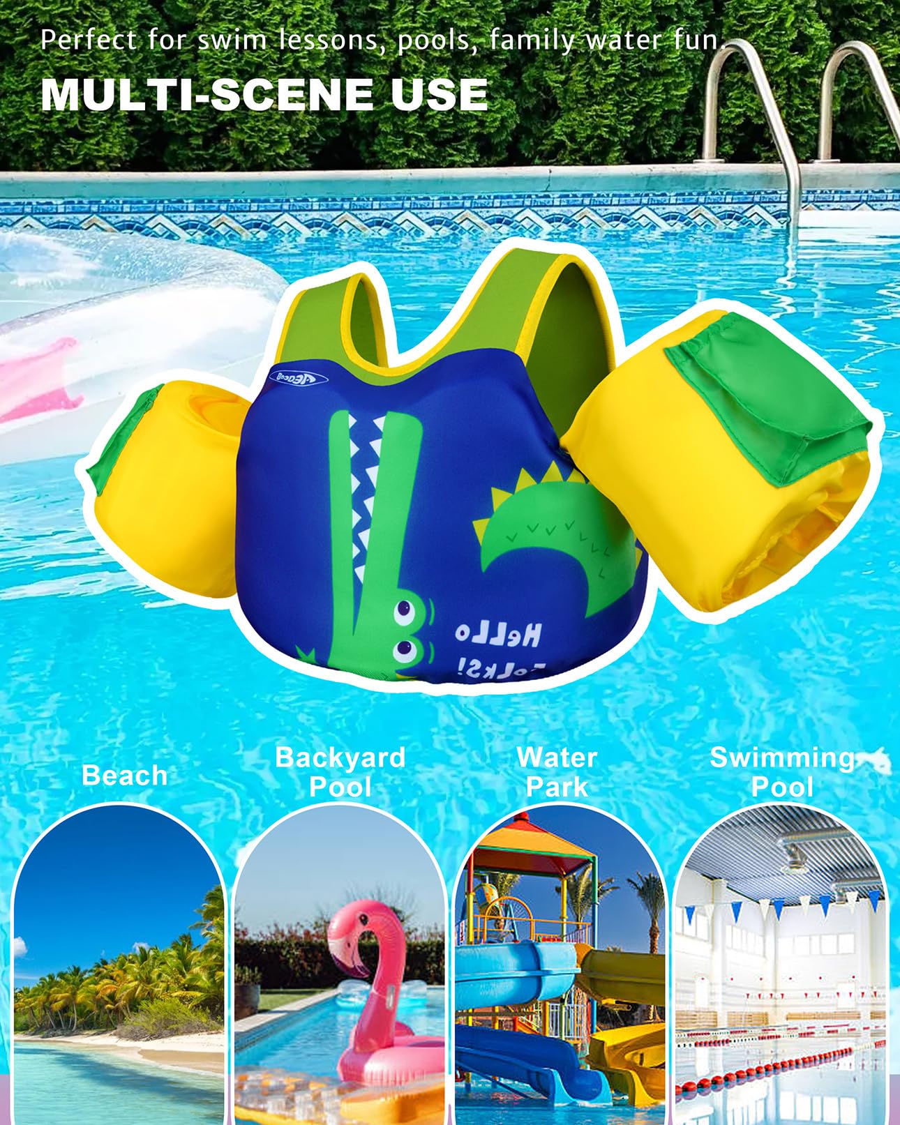 AEOCOO Puddle Float Jumper 30-50-60-66 Pounds, Toddler Swim Vest for 2-3-5-7 Years Old, Pool Floats with Swimming Arm Floaties Swim Jacket for Kids Swimmies, Boys, Girls, NiΓ±os, Crocodile