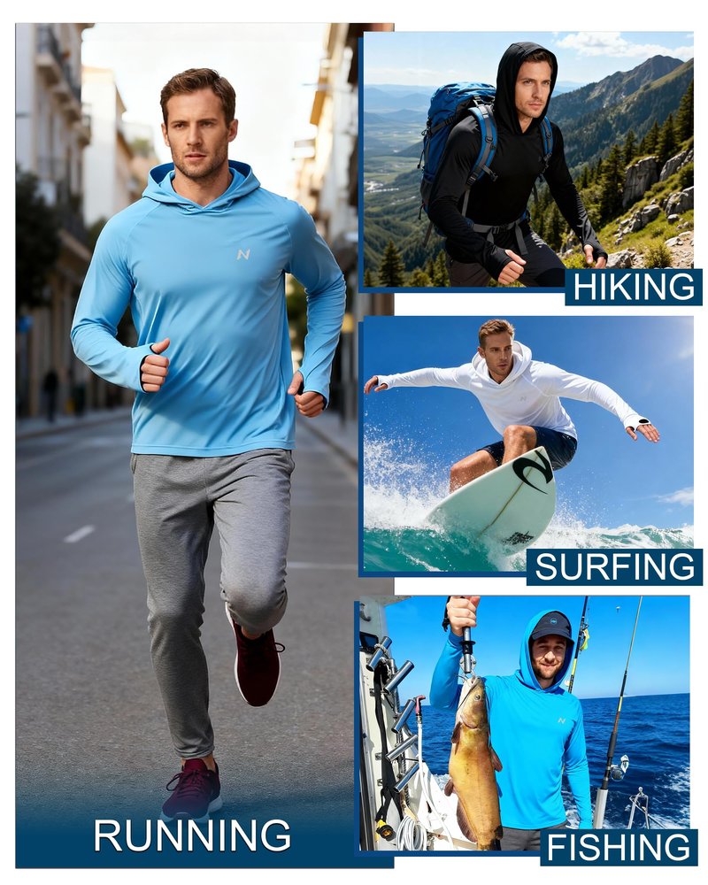 isnowood Sun Shirt UPF 50+ Men's Fishing Shirt Long Sleeve UV Protection Hoodie Rash Guard for Swimming Running Hiking