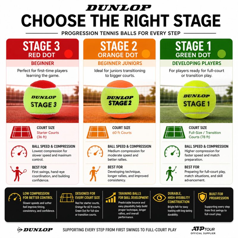 Dunlop Low Compression Training Tennis Balls (12 Ball Pack, Stage 3 (Red Dot))