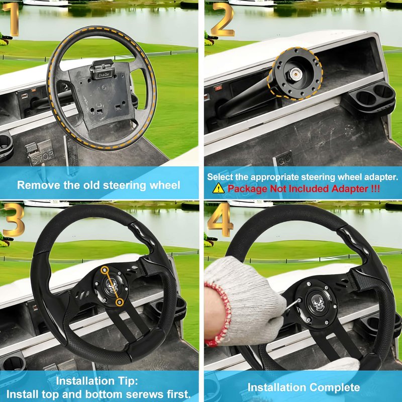 WUKO HUNT Luxury Style Golf Cart Steering Wheel - With Horn Button, with Premium Grip Leather and Ergonomic Design, Fit EZGO TXT/RXV/Club Car DS/Precedent/Yamaha Most Golf Carts (Black-Skull/SS)