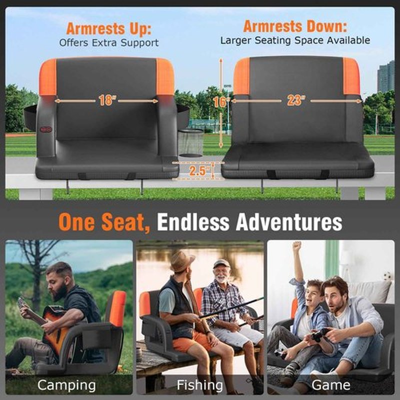 Suteck Dual-Sided Heated Stadium Seats for Bleachers with Back Support, 25" Portable Heated Bleacher Seat with Backrest, 3 Heat Levels, 5 Pockets – Ideal for Outdoor Stadiums and Events